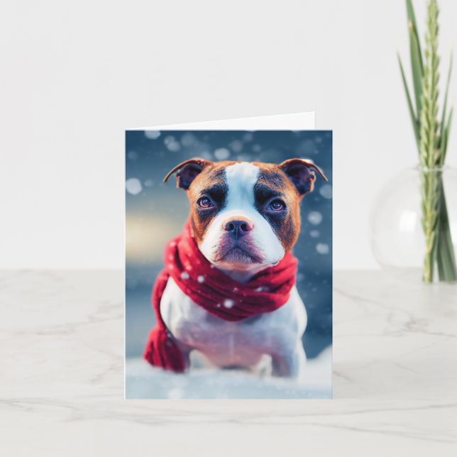 Cute Staffy Puppy in a Red Winter Scarf Card (Front)