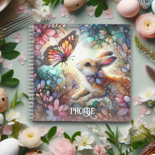 Cute Stained Glass Bunny Floral Pink Name Notebook