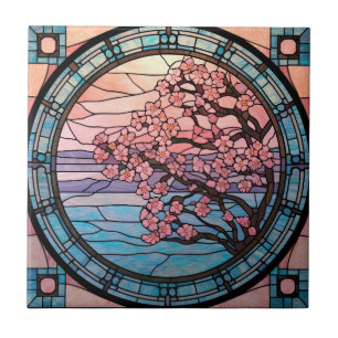 cute stained glass cherry blossom tree  ceramic tile