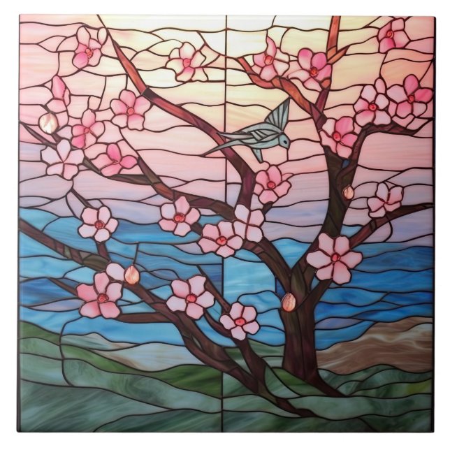cute stained glass cherry blossom tree  ceramic tile (Front)