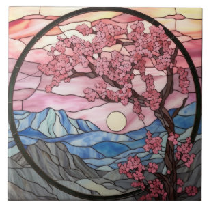 cute stained glass cherry blossom tree ceramic tile