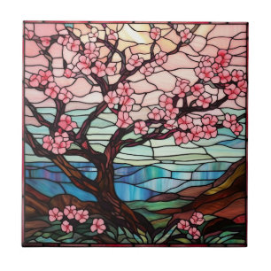 cute stained glass cherry blossom tree ceramic tile