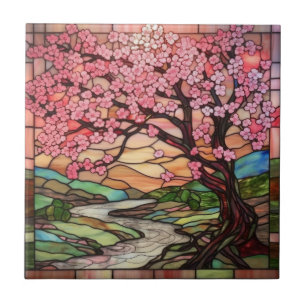 cute stained glass cherry blossom tree  ceramic tile