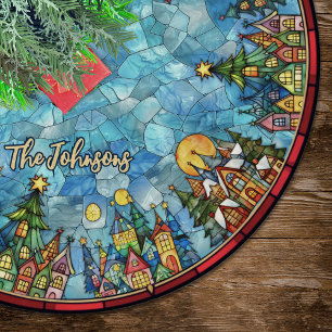 Cute stained glass houses custom christmas brushed polyester tree skirt