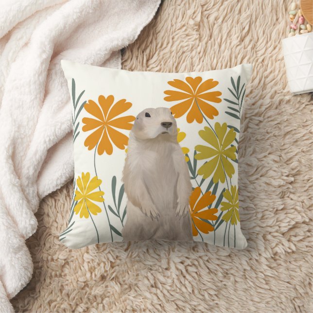 Cute Standing Groundhog - Orange Flowers Cushion (Blanket)