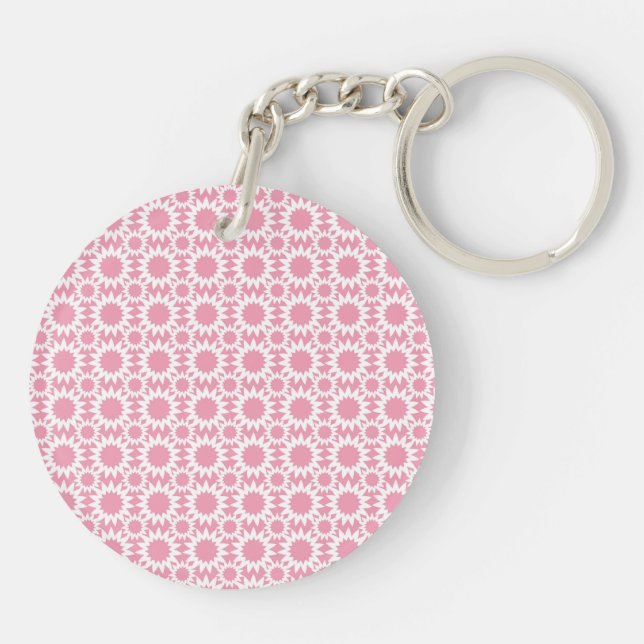 Cute Star Flowers Pattern Pink and White Key Ring (Back)