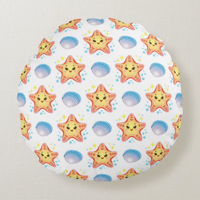 Cute Starfish and Seashells Round Cushion (Front)