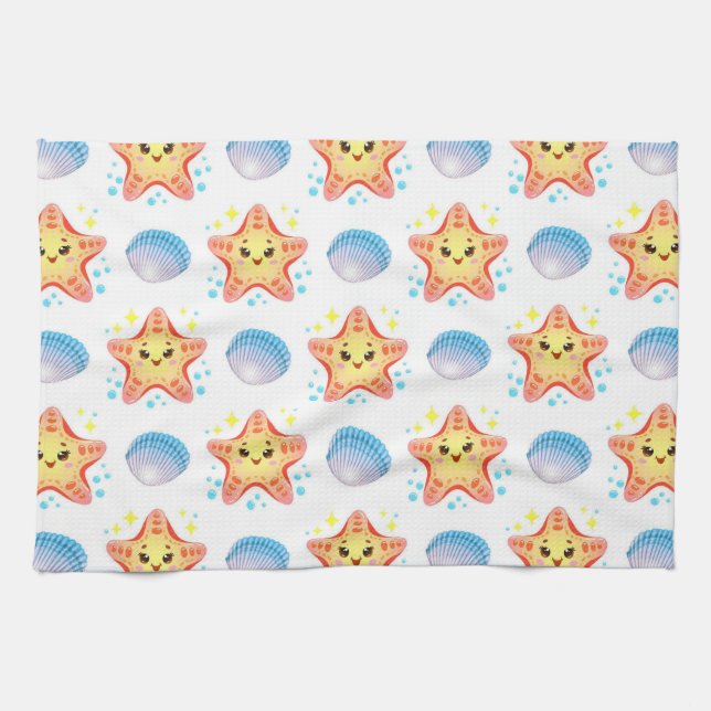 Cute Starfish and Seashells Tea Towel (Horizontal)