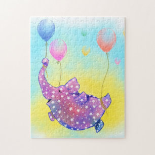 Cute Starry Elephant Flying with Colourful Balloon Jigsaw Puzzle