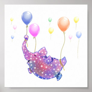 Cute Starry Elephant Flying with Colourful Balloon Poster