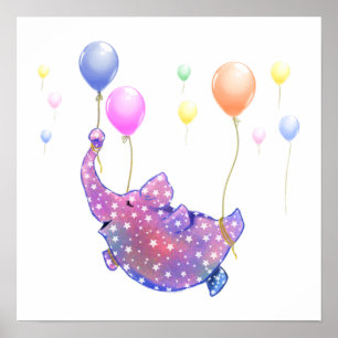 Cute Starry Elephant Flying with Colourful Balloon Poster