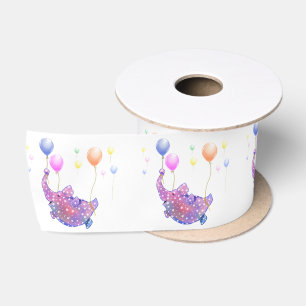 Cute Starry Elephant Flying with Colourful Balloon Satin Ribbon