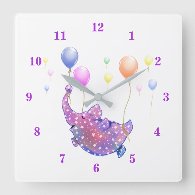 Cute Starry Elephant Flying with Colourful Balloon Square Wall Clock (Front)