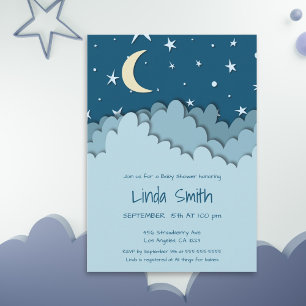 Cute Starry Night Blue Clouds Baby Shower Invitation