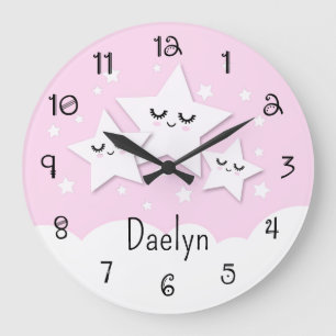 Cute Stars and Clouds in Pink Kid's Large Clock