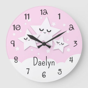 Cute Stars and Clouds in Pink Kid's Large Clock
