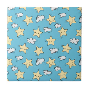 Cute stars and clouds pattern Blue sky Ceramic Tile
