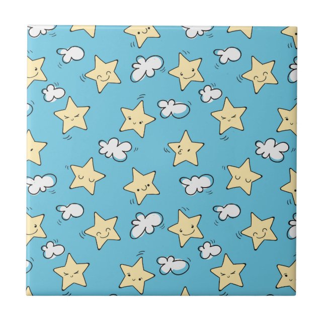 Cute stars and clouds pattern| Blue sky Ceramic Tile (Front)