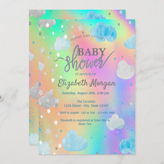 Cute Stars & Clouds Rainbow Holographic   Invitation (Front/Back)