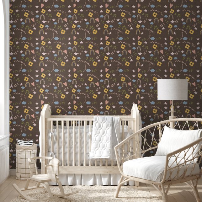 Cute Stars Floral Hearts Rainbows & Brown Nursery Wallpaper (Kids)