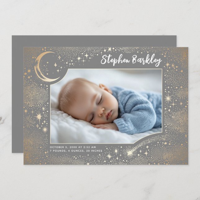 Cute Stars Moon Celestial Newborn Boy Photo Birth Announcement (Front/Back)