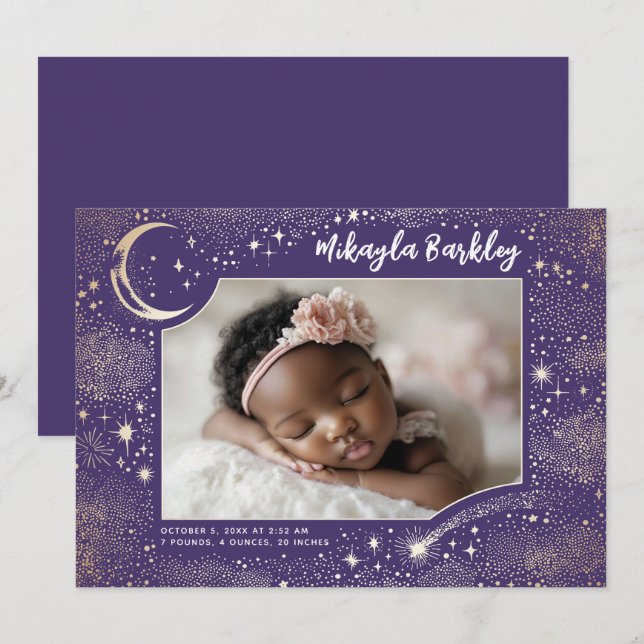 Cute Stars Moon Celestial Newborn Photo Birth Announcement (Front/Back)