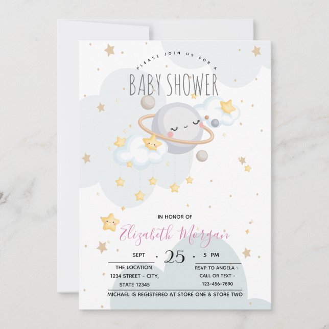 Cute Stars Planet Clouds Baby Shower  Invitation (Front)