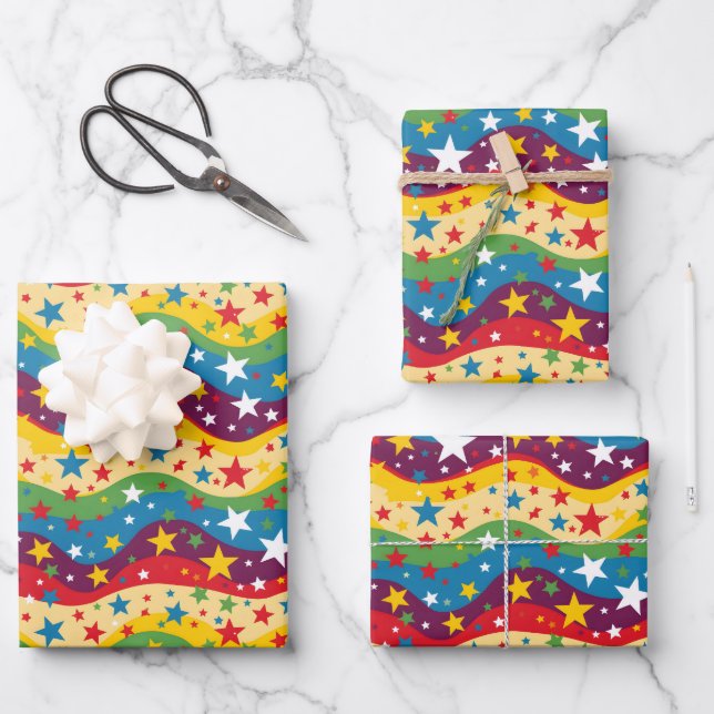 Cute stars rainbows kids party tiled pattern  wrapping paper sheet (Front)