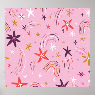 Cute Stars Rainbows Pink Pattern Poster