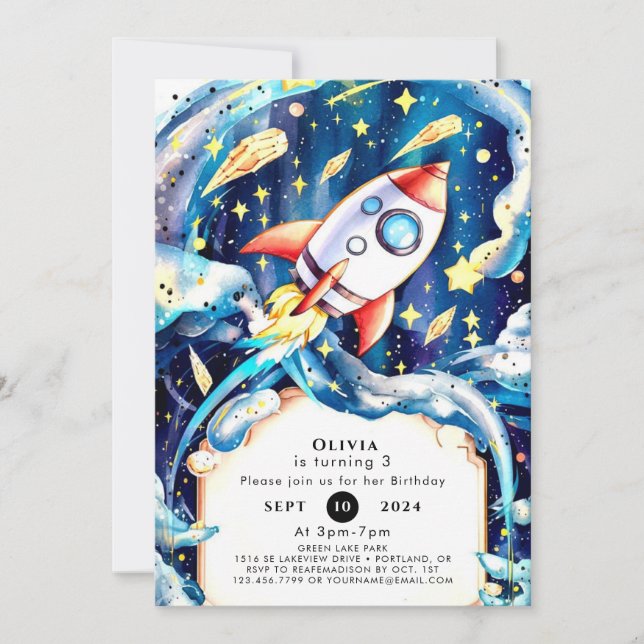 Cute Stars Rocket Birthday Invitation (Front)