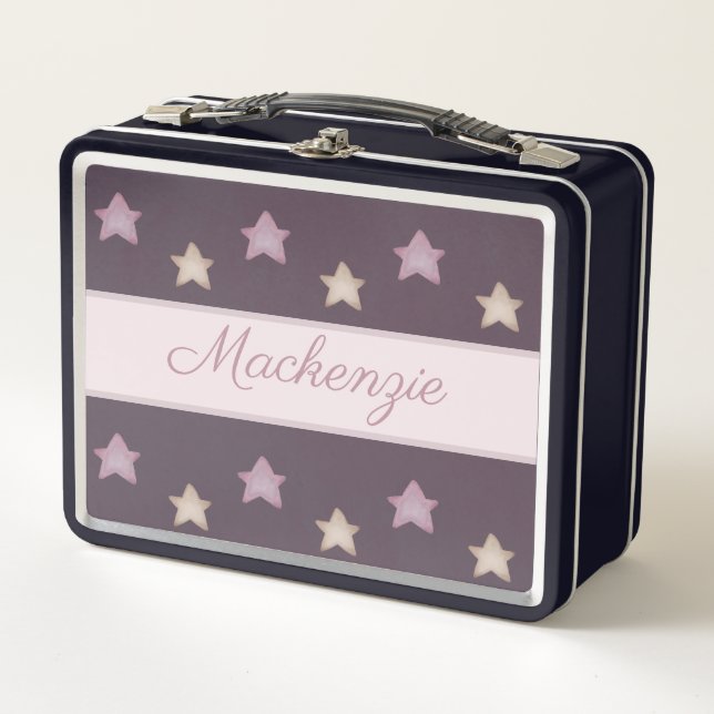 Cute Stars with Custom Name on Pink Metal Lunch Box (Front)