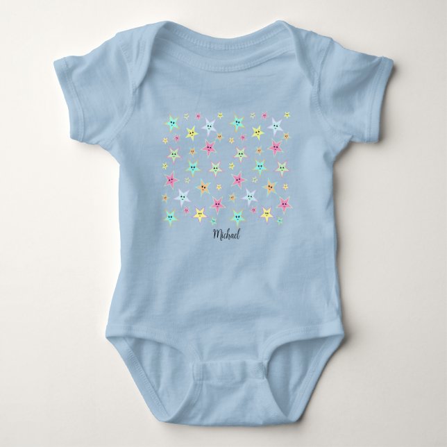 Cute stars with faces in pastel colours   baby bodysuit (Front)