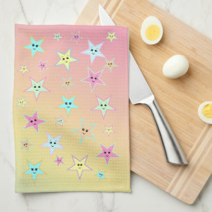 Cute stars with faces in pastel colours       tea towel