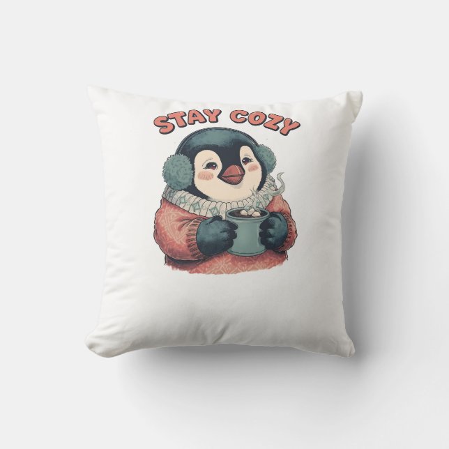 Cute Stay Cosy Penguin Drinking Hot Cocoa Hat Cushion (Front)
