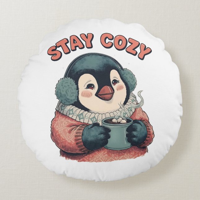 Cute Stay Cosy Penguin Drinking Hot Cocoa Hat Round Cushion (Front)