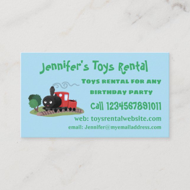 Cute steam train locomotive cartoon illustration business card (Front)