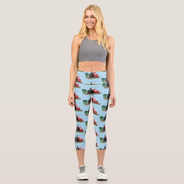 Cute steam train locomotive cartoon illustration capri leggings (Front)