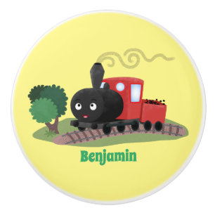 Cute steam train locomotive cartoon illustration ceramic knob