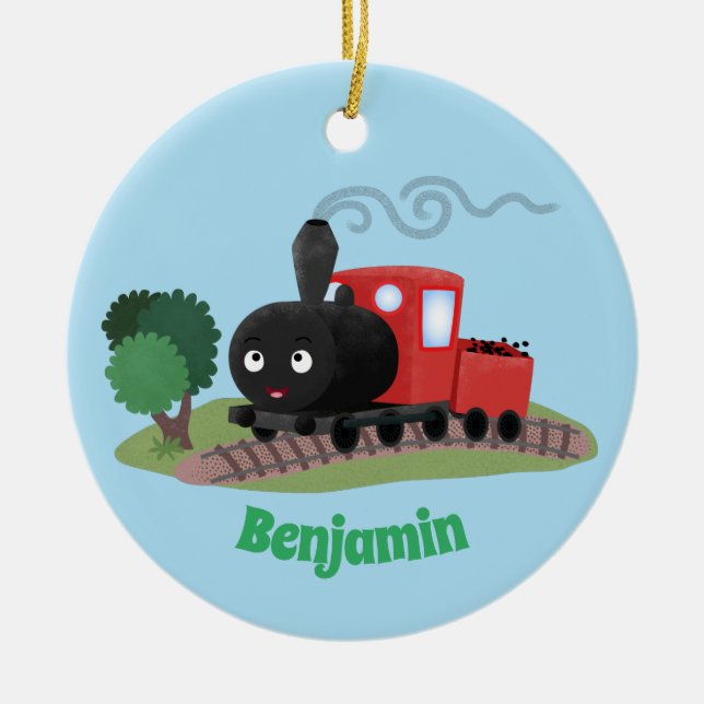Cute steam train locomotive cartoon illustration ceramic ornament (Front)
