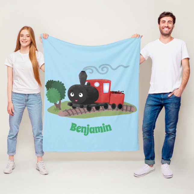 Cute steam train locomotive cartoon illustration fleece blanket (In Situ)