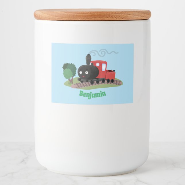 Cute steam train locomotive cartoon illustration food label (Front)