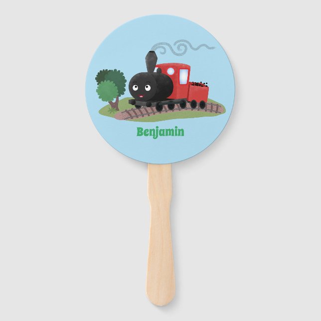 Cute steam train locomotive cartoon illustration hand fan (Front)