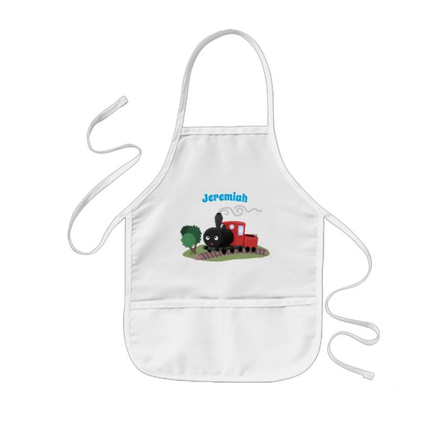Cute steam train locomotive cartoon illustration kids apron (Front)