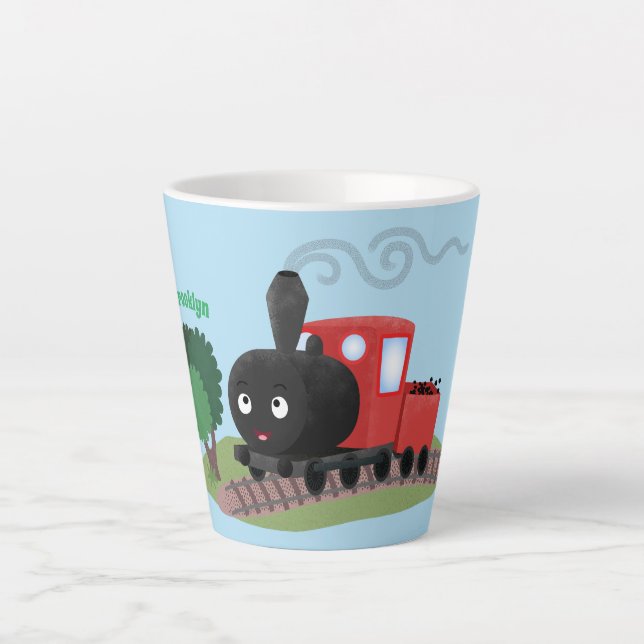 Cute steam train locomotive cartoon illustration latte mug (Front)