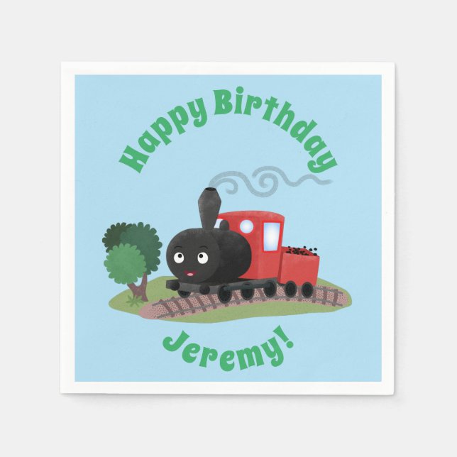 Cute steam train locomotive cartoon illustration napkin (Front)