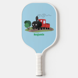 Cute steam train locomotive cartoon illustration pickleball paddle