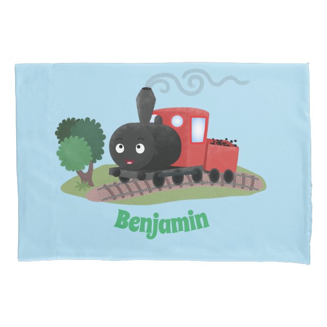 Cute steam train locomotive cartoon illustration pillowcase (Front)