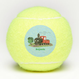 Cute steam train locomotive cartoon illustration tennis balls