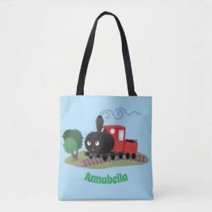 Cute steam train locomotive cartoon illustration tote bag