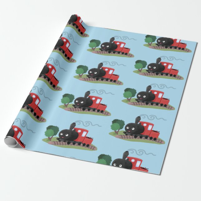 Cute steam train locomotive cartoon illustration wrapping paper (Unrolled)